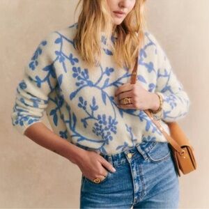 Sezane Cream Crewneck Sweater with Blue Floral Motif